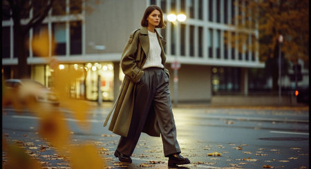Stylish Woman Walking Through City Street in Chic Autumn Outfitの素材