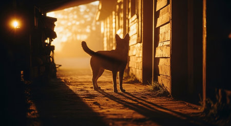 A dog in the rays of the setting sun on the street.の素材