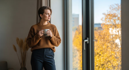 Beautiful young woman drinking coffee near the window at home in autumnの素材