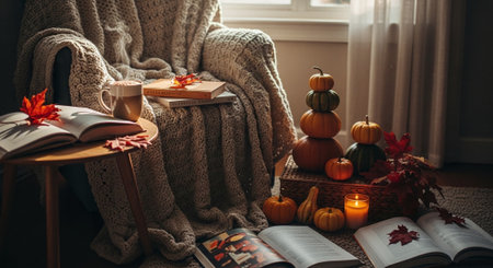 Cozy autumn home interior. Cozy living room with cozy armchair, books, pumpkins, candles and knitted plaid. Cozy autumn concept.の素材