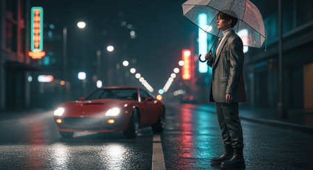 Businessman standing with umbrella against red car on the road at nightの素材