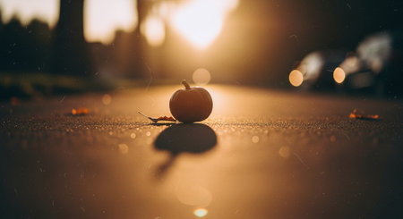 Ripe red apple on the asphalt in the rays of the setting sunの素材