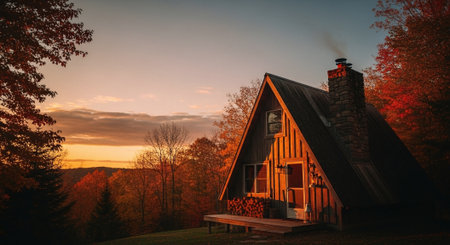 Wooden cottage in the forest at sunset. Beautiful landscape with a country house.の素材