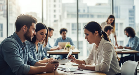 Group of young business people working together in modern office. They are sitting at the table and talking.の素材