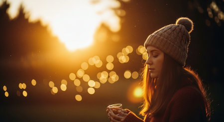 Young woman with a cup of hot coffee in the park at sunsetの素材