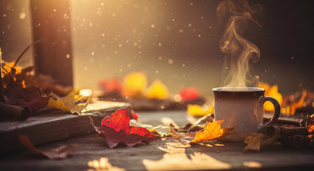 Cup of hot coffee with autumn leaves on a wooden table.の素材
