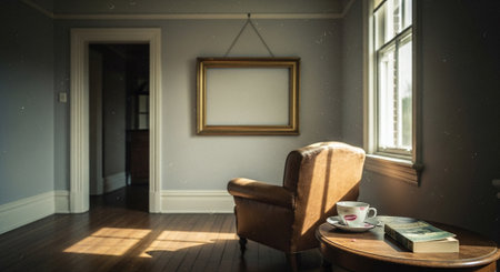 Interior of a room with a chair, a coffee cup and a picture frameの素材