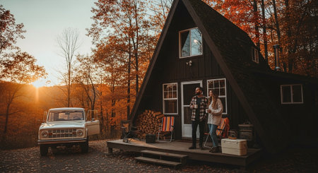 A couple of lovers standing in front of a wooden house in the autumn forest.の素材