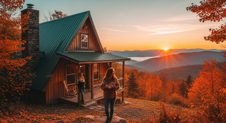 Beautiful woman standing in front of a wooden house in the mountains.の素材