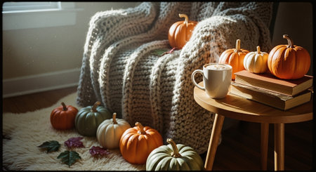 Cup of coffee, books, pumpkins and knitted plaid on the floorの素材