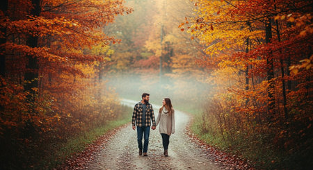Romantic young couple walking in the autumn forest. Romantic mood.の素材