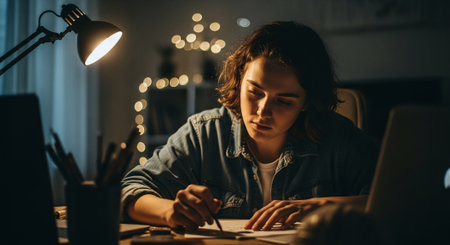 Concentrated young woman writing in notebook while working at night at homeの素材