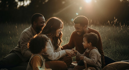 Happy family spending time together in the park on a sunny day.の素材