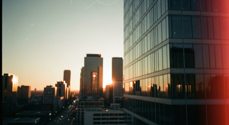 Sunset over the city. Modern office buildings. Business background.の素材