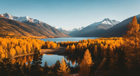 Panoramic view of alpine lake with yellow larches and snowcapped mountains.の素材