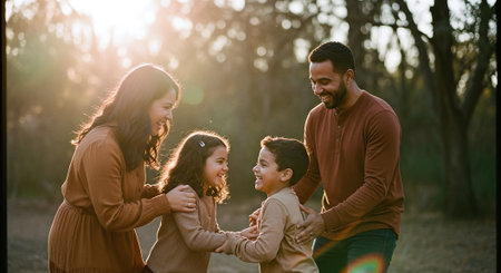 Happy family playing in the park. Mother, father and children having fun outdoors.の素材