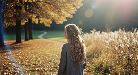 Beautiful girl with long hair in the autumn park. Beauty, fashion.の素材