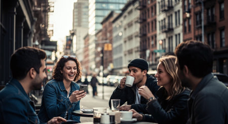 Group of friends having a coffee together in the city. Men and women drinking coffee and talking.の素材