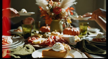 Table setting for Thanksgiving dinner with turkey, pumpkin, cheese and breadの素材
