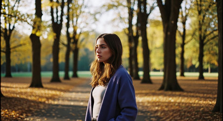 Portrait of a beautiful young woman in a blue coat in an autumn parkの素材