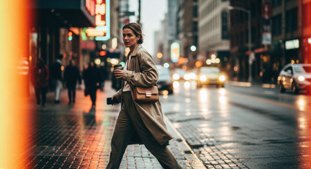 Young woman walking on the street in New York City at sunset.の素材