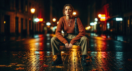 Beautiful young woman sitting on the street at night in the city.の素材