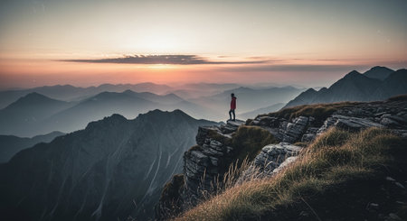 A man standing on the edge of a mountain and looking at the sunsetの素材