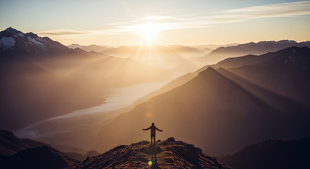 A man standing on top of a mountain and looking at the sunriseの素材