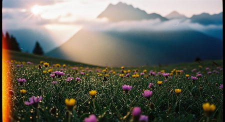 Beautiful alpine meadow with blooming flowers in the morning lightの素材