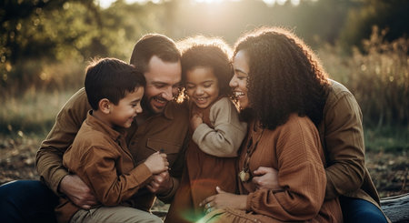 Portrait of a happy family sitting on a log in the countrysideの素材