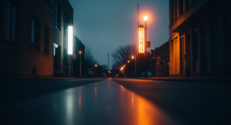 Night road with neon sign on the wall. Blurred background.の素材