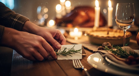 Close up of young man hands cutting christmas card with knife and forkの素材
