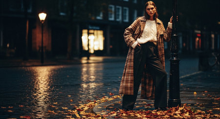 Fashionable young woman in a coat on the street in autumnの素材