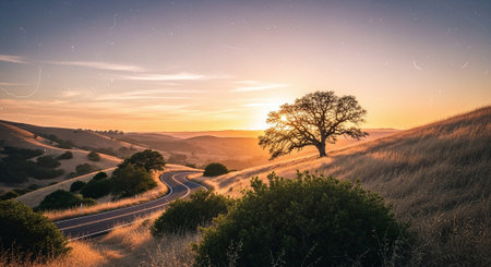 Sunset over the Tuscany hills with a lonely tree.の素材