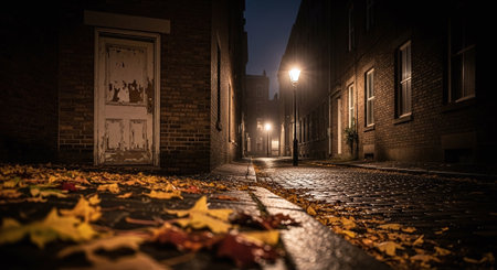 Narrow street in the old town at night with colorful autumn leavesの素材