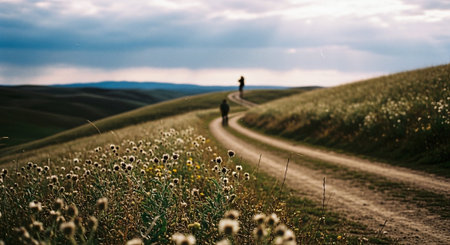 Beautiful landscape in Tuscany, Italy, Europe. Silhouette of a man standing on a road among flowersの素材