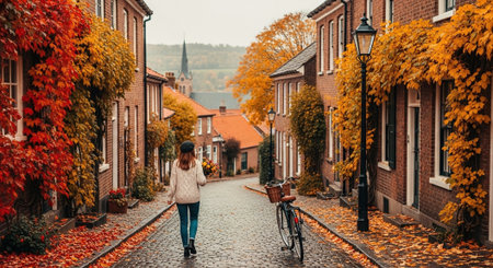 Woman walking with bicycle in the old town of Bruges, Belgiumの素材