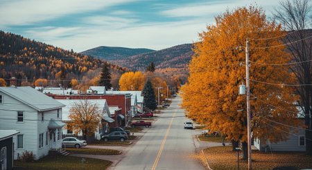 Panoramic view of small town in Vermont during fall season.の素材