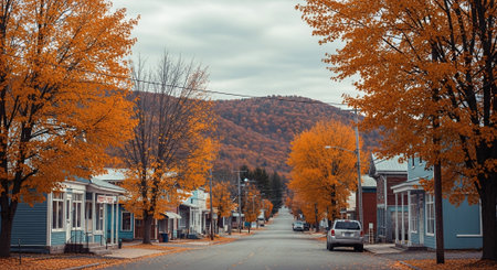 Street in the fall with yellow leaves and trees in the foreground.の素材