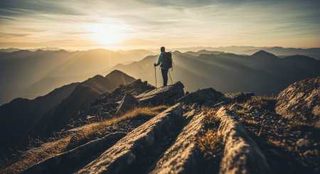 Hiker with backpack and trekking poles standing on top of the mountain at sunsetの素材