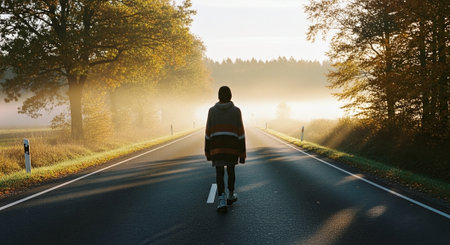 Rear view of a young woman riding a skateboard on the road.の素材