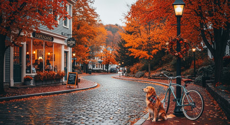Golden retriever dog and bicycle on the cobblestone street in autumn city.の素材