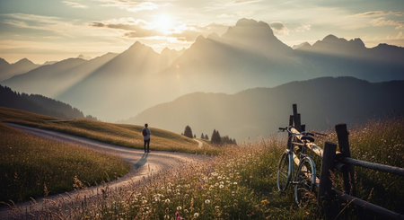 Cyclist standing on the road in the mountains at sunset.の素材