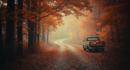 Old car on the road in the autumn forest. 3d renderingの素材