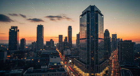 Aerial view of Chicago downtown at sunset, Illinois, USA.の素材
