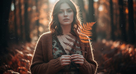 Beautiful young woman in a knitted sweater in the autumn forestの素材