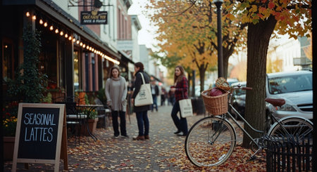 Couple walking in front of a cafe in the city center.の素材