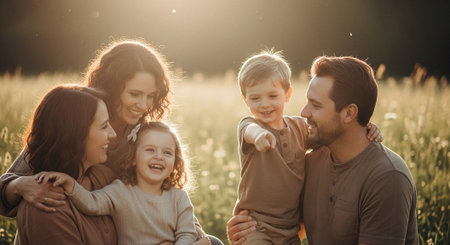 Happy family with two children sitting in the meadow at sunset.の素材