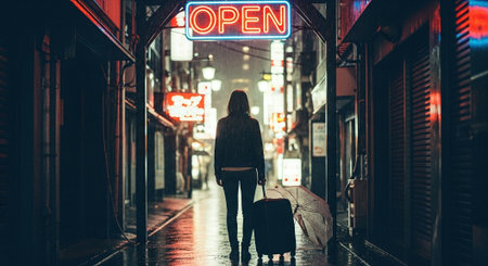 Woman with suitcase and open sign on the street at night in Tokyo, Japanの素材