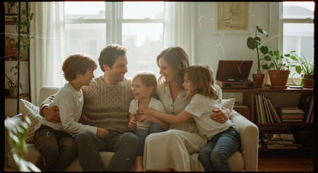 Happy family sitting on sofa in living room. Mother, father and children having fun together.の素材